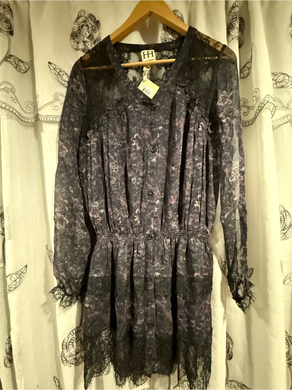 NWT Haute Hippie Silk Lace Shirt Dress XS Plum Floral $565 Boho Mini